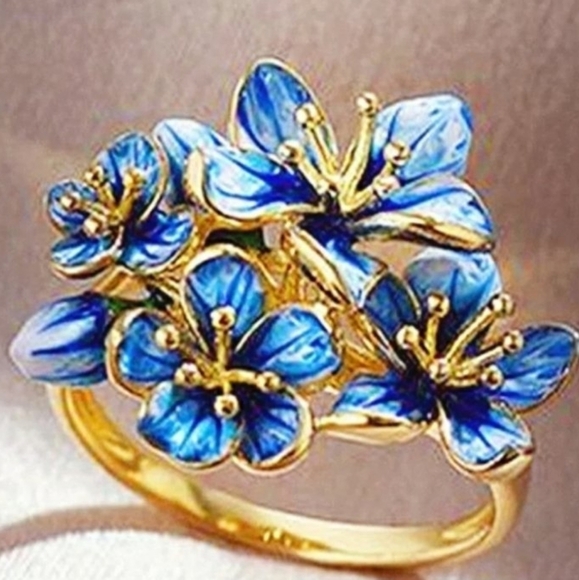 New Yellow Gold Blue Flowers Ring - Picture 3 of 4